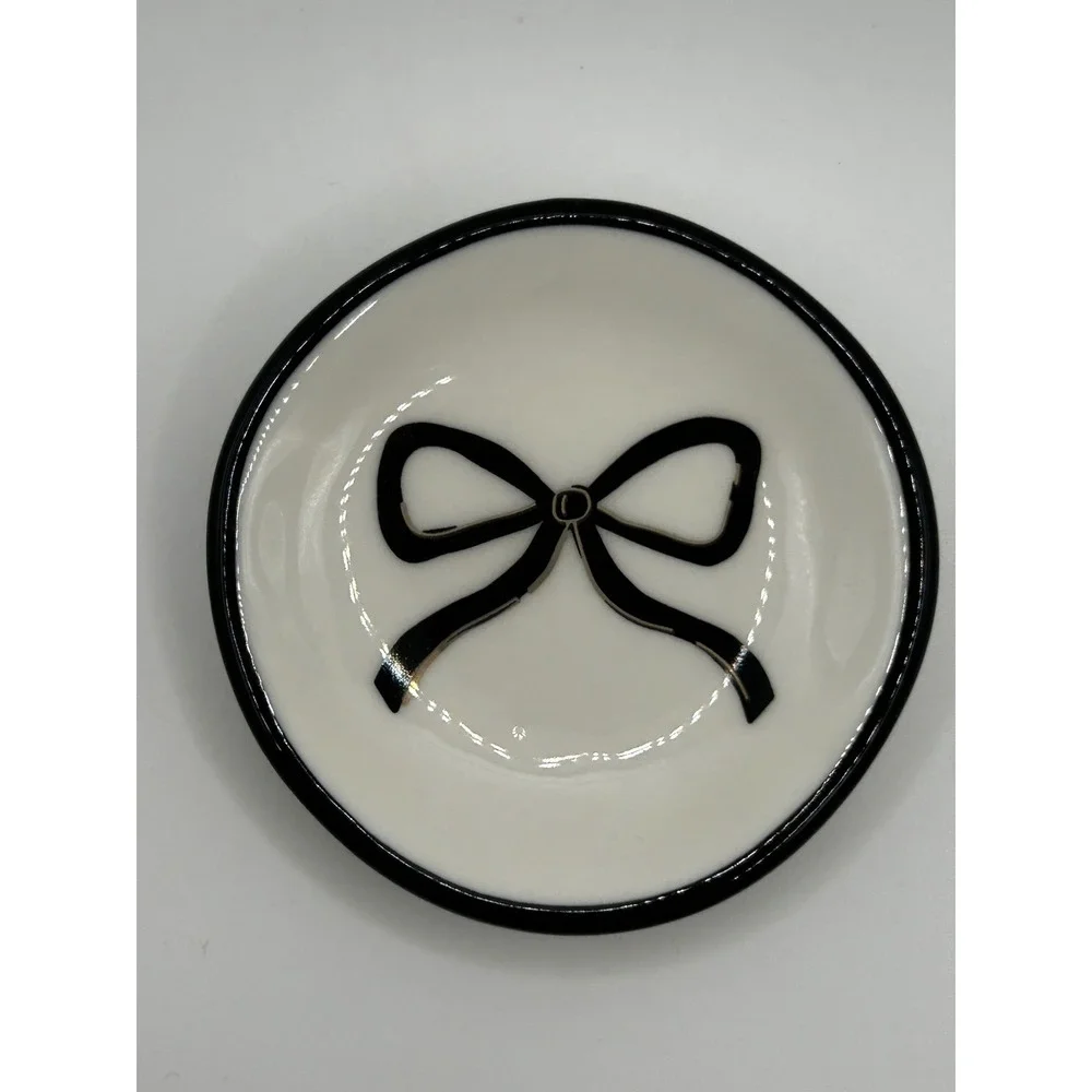 Black Bow Ceramic Trinket Dish Jewelry Ring Tray White Gold